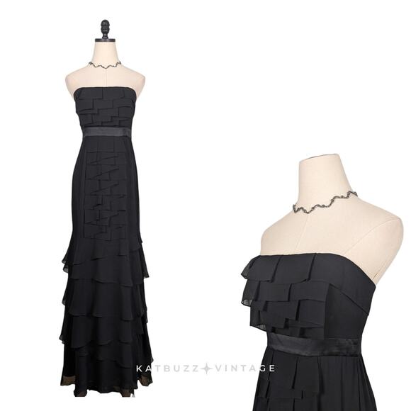Y2K BCBG Silk Prom Dress Maxi Gown 2 Black Silk Ruffle Glam Grunge Layered Vtg - Picture 2 of 15